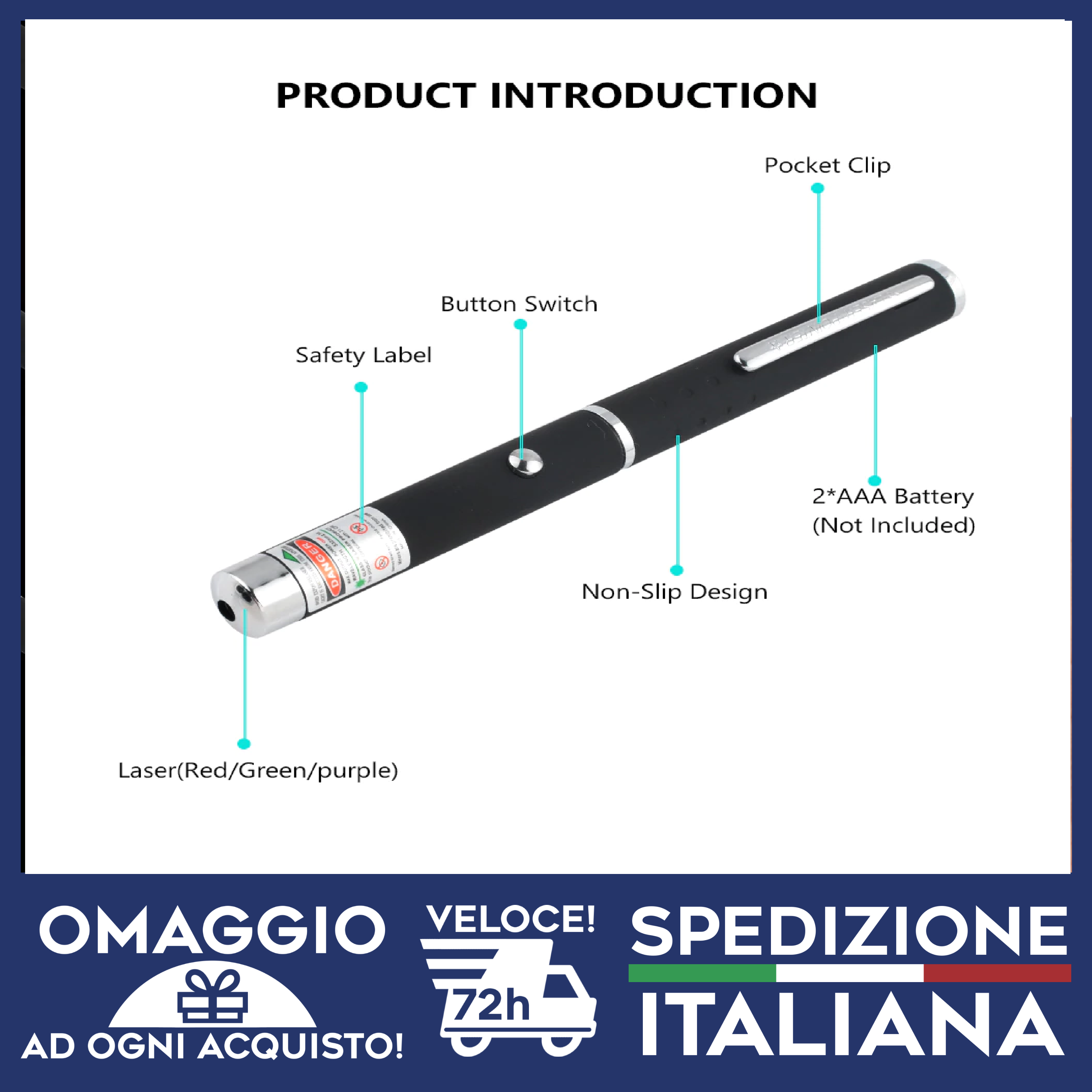 IN ITALIA Pointer Penna Puntatore Laser ROSSO VERDE VIOLA/BLU Spedizione  🇮🇹